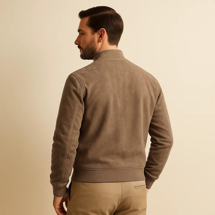 Trendy men's suede outerwear zip-up jacket, a stylish addition to any men's fashion wardrobe.