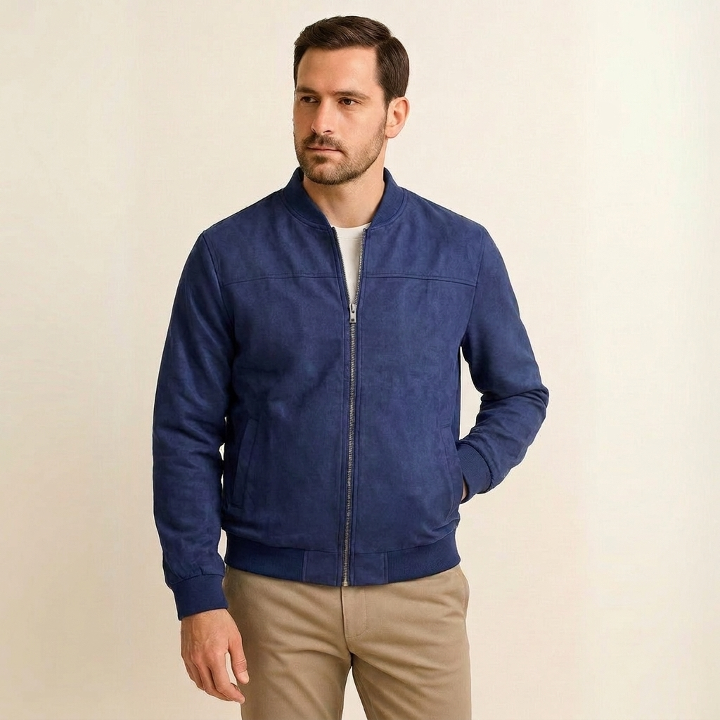 Comfortable men's suede layering jacket with zip-up front and ribbed cuffs for classic style.