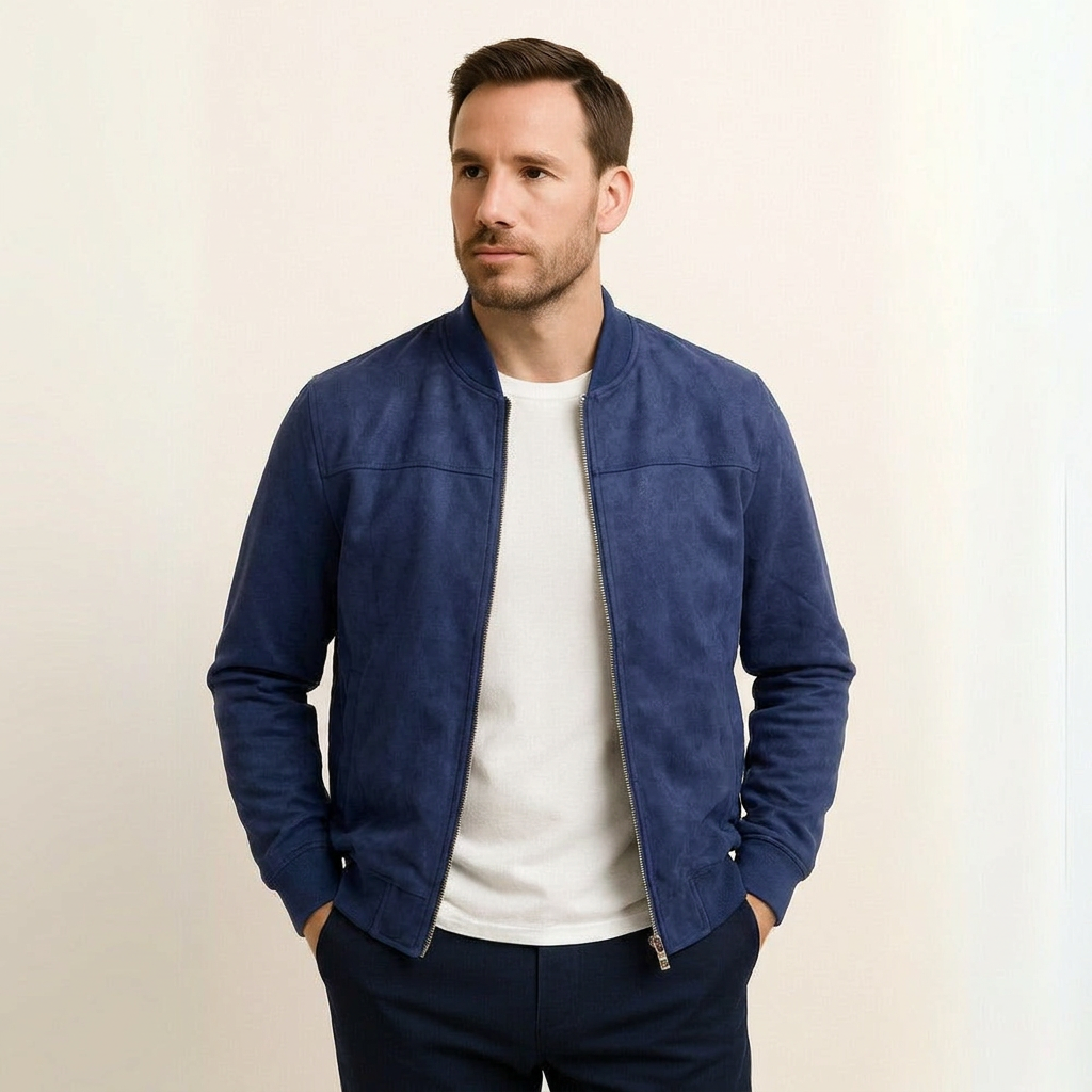 Man wearing a versatile brown suede zip-up jacket with ribbed cuffs for a stylish, casual look.