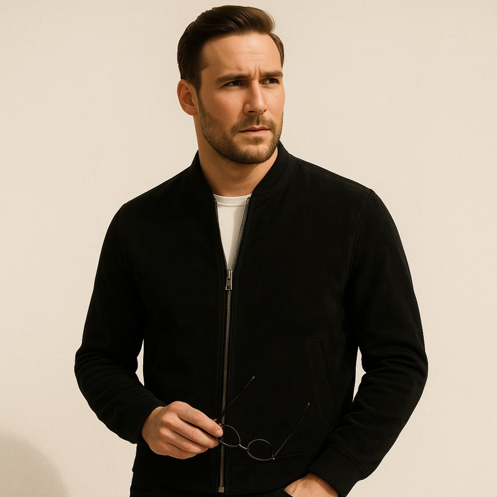 Close-up: Men's elegant suede zip-up jacket, highlighting ribbed cuffs, collar, and premium texture.