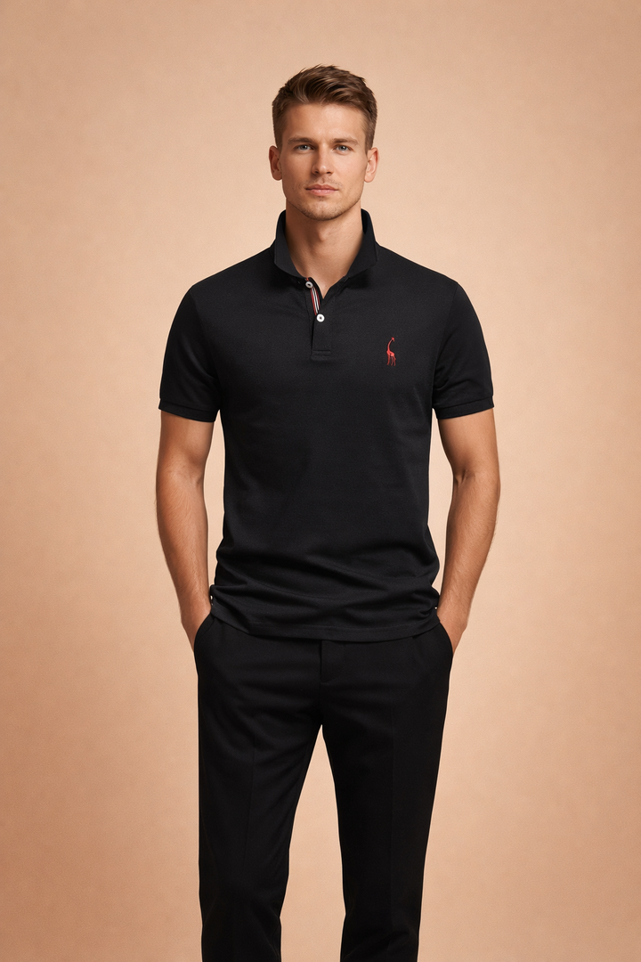 Close-up of a men's tailored fit polo shirt, highlighting the collared neckline and short sleeves.