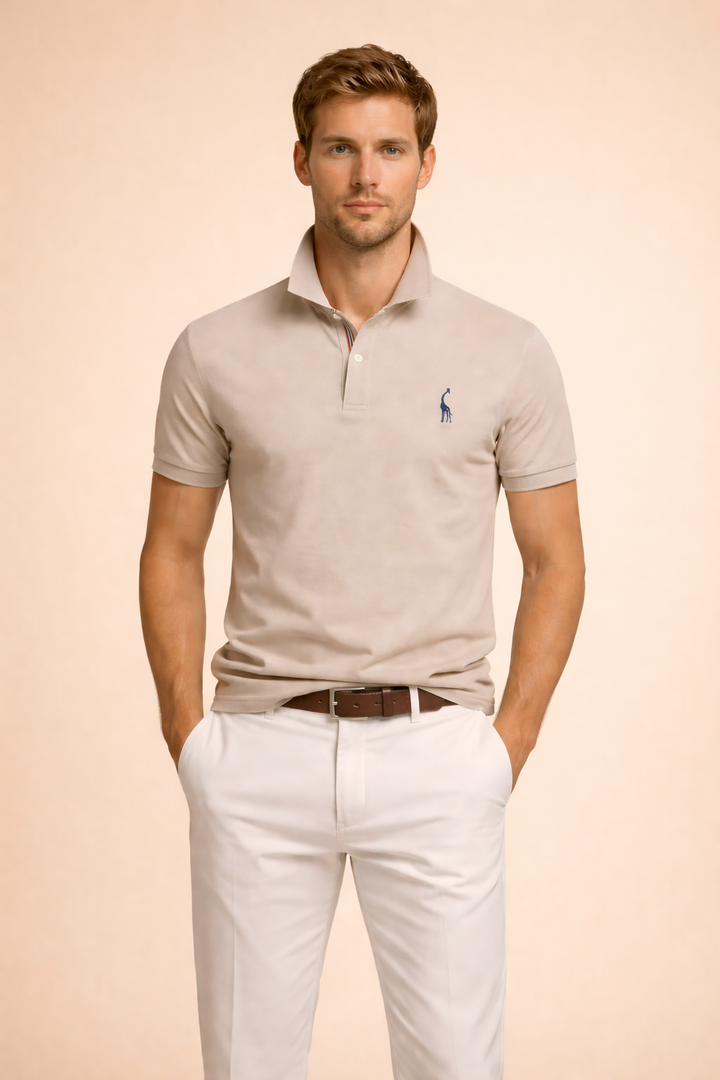 Man modeling a classic tailored men's polo shirt, suitable for both smart casual and summer style.