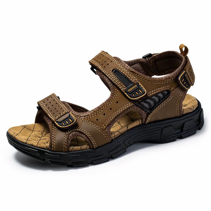 Orthopedic men's sandals with strong arch support, designed for comfortable foot pain relief. Adjustable, shock absorbing.