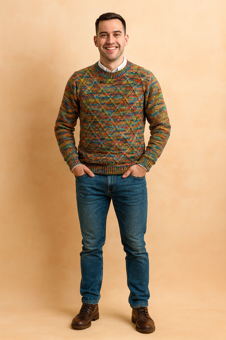 Men's cozy diamond knit sweater for cold weather. Warm, stylish knitwear with a classic pattern, ideal for fall & winter.