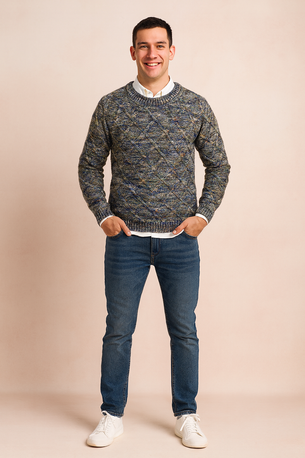 Multicolor men's diamond knit sweater. Smart casual, round neck top, perfect for fall outfits and winter layering.