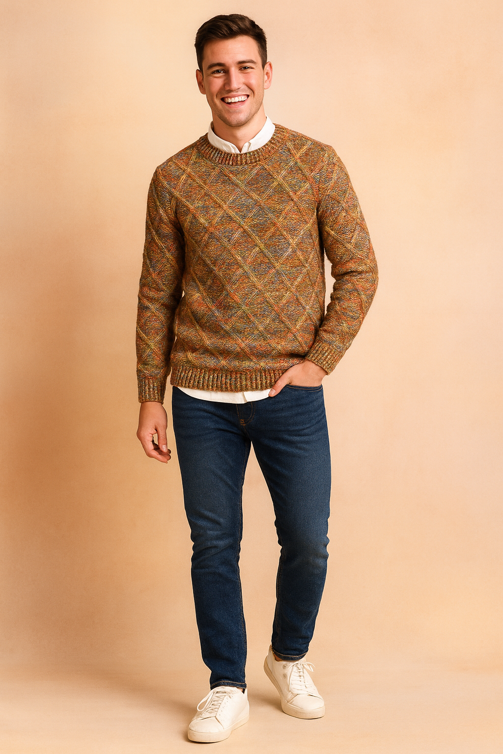 Cozy men's diamond knit sweater. Warm winter fashion top with a unique diamond pattern, great for casual wear.