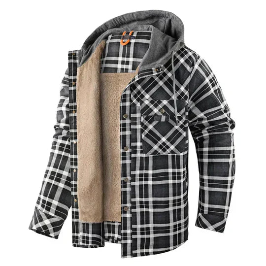Men's cozy plaid hooded shirt jacket, perfect for fall & winter casual outerwear.