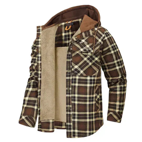 Versatile men's plaid shirt jacket with hood, ideal for layering & rugged style.