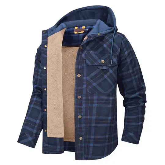 Button-down men's plaid hooded jacket, warm and stylish outerwear for fall fashion.