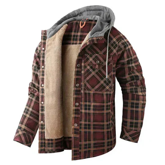 Warm men's plaid hooded jacket for winter, a comfortable and essential layering piece.