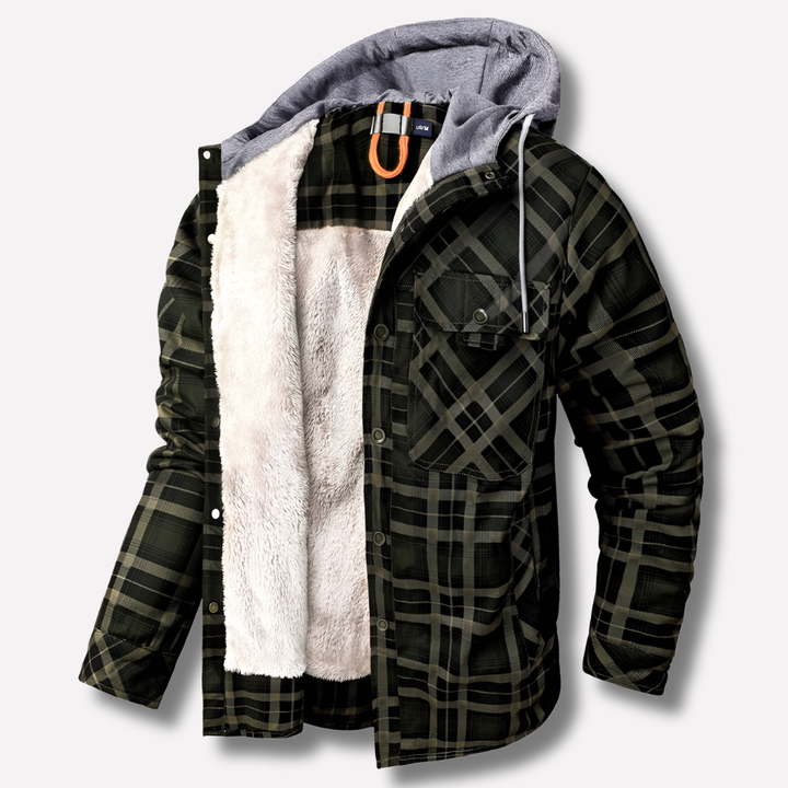 Men's fashionable plaid hooded jacket, rugged outerwear for casual fall and winter wear.