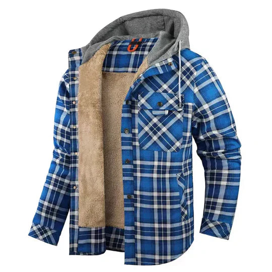 Men's comfortable plaid shirt jacket with hood, versatile for everyday layering.