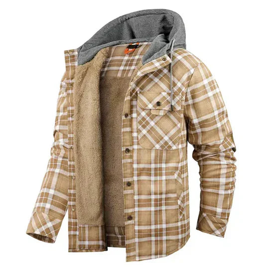 Rugged men's plaid hooded shirt jacket, a warm and stylish piece for fall & winter fashion.