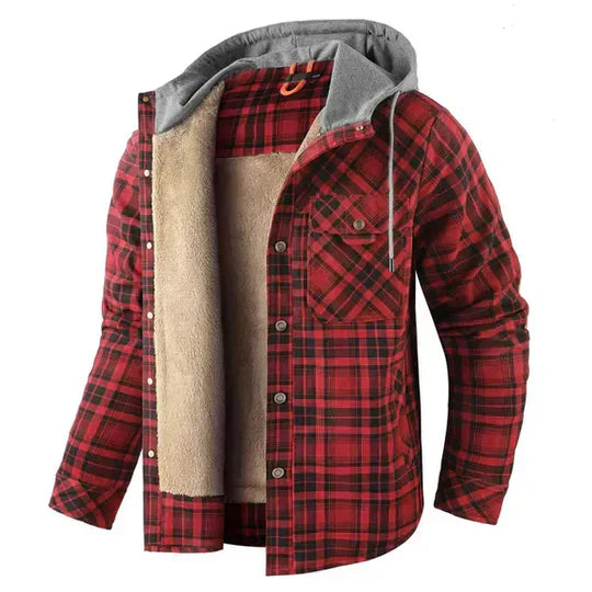 New men's plaid hooded shirt jacket, cozy button-down outerwear for versatile fall style.