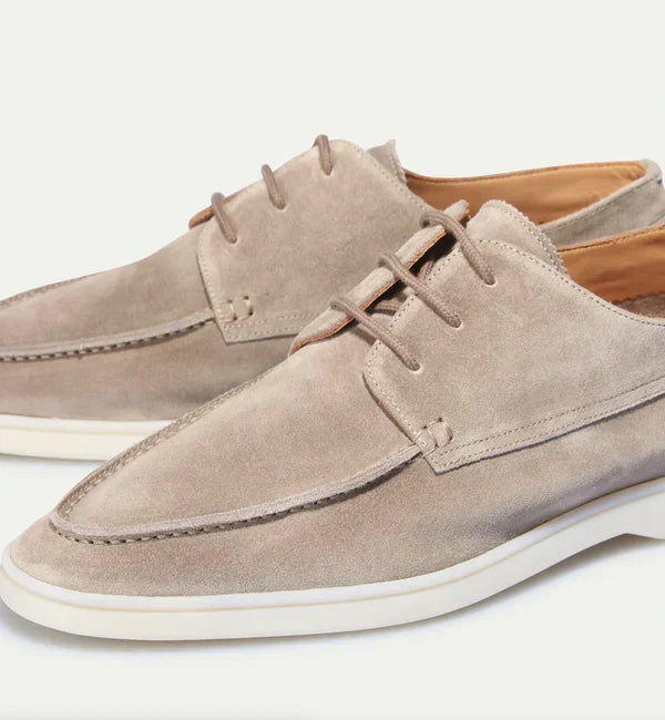 Beige luxury leather lace-up loafers for men, a sophisticated choice for smart casual and office wear.