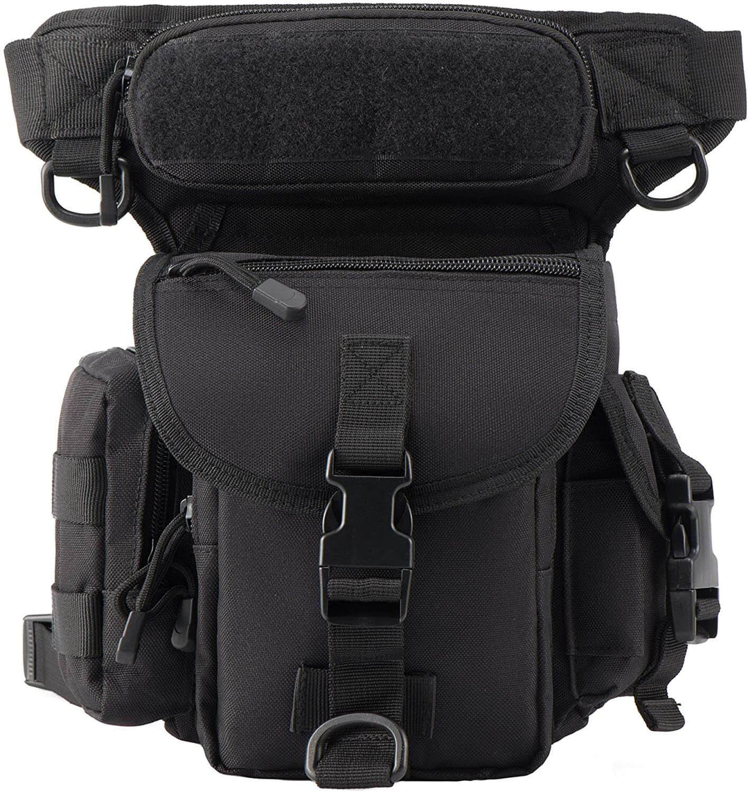 Rugged men's outdoor gear tactical drop leg bag, water-resistant, multi-pocket utility pouch.