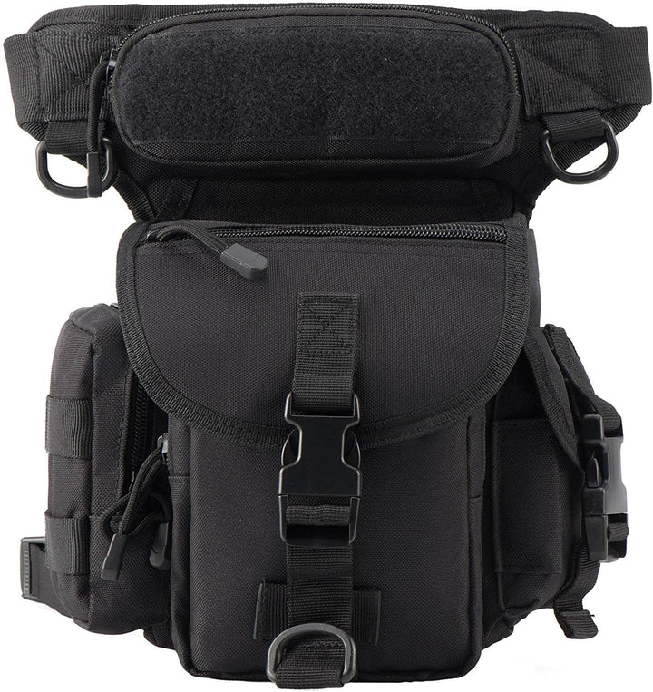 Rugged men's outdoor gear tactical drop leg bag, water-resistant, multi-pocket utility pouch.