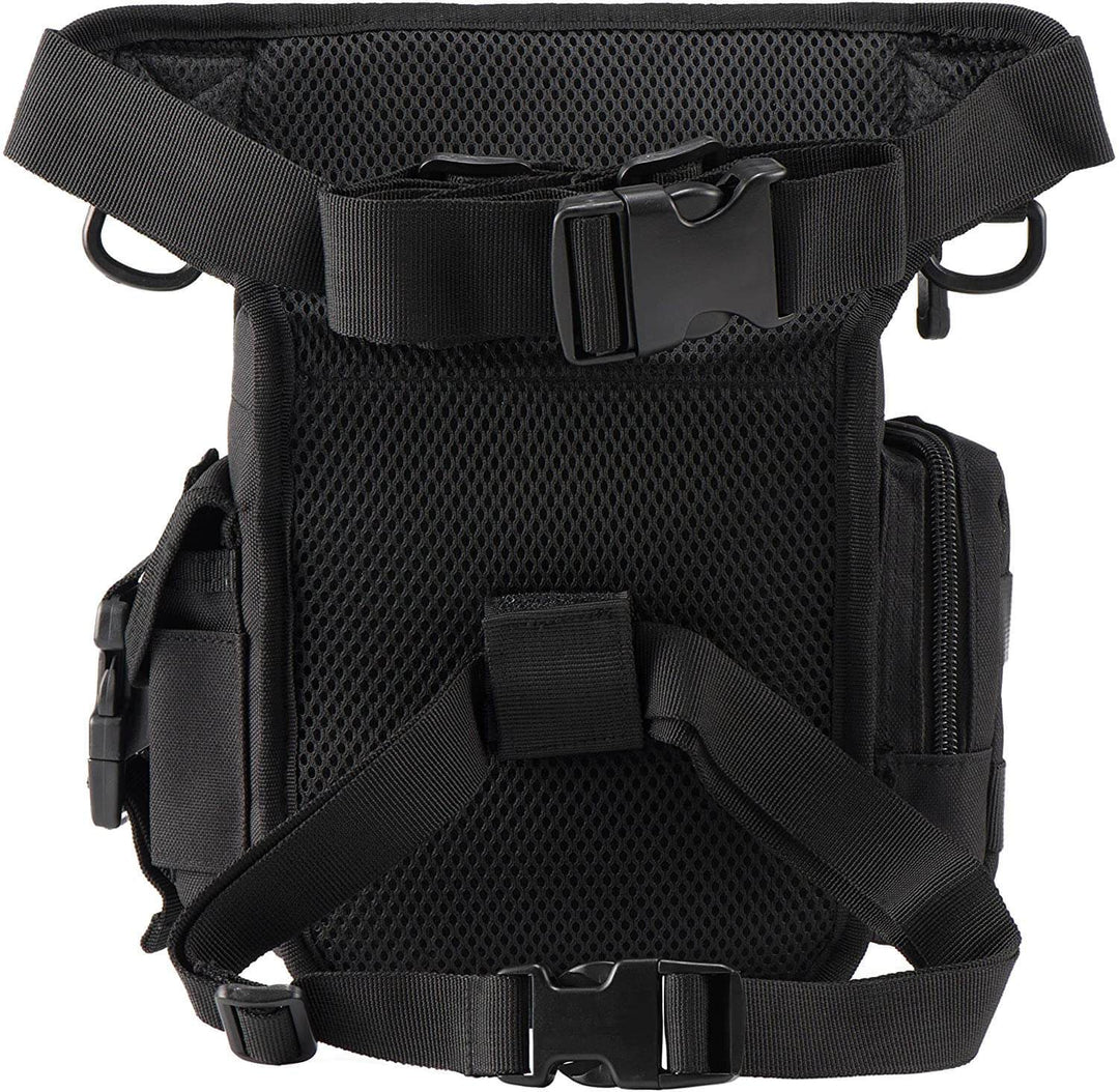 Premium men's water-resistant tactical drop leg bag, multi-pocket, MOLLE system, durable oxford fabric.