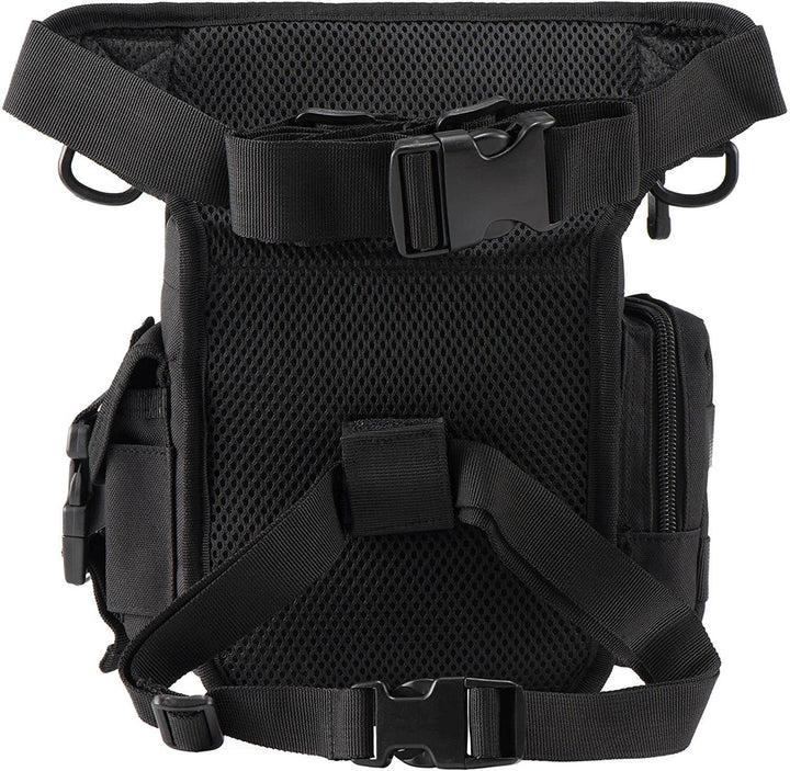 Premium men's water-resistant tactical drop leg bag, multi-pocket, MOLLE system, durable oxford fabric.