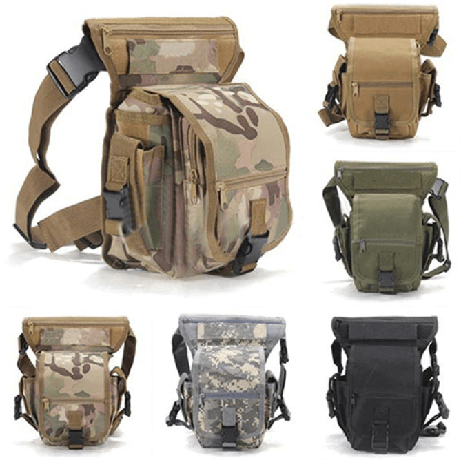 Water-resistant oxford fabric tactical drop leg bag for men, features multi-pocket design & MOLLE system.