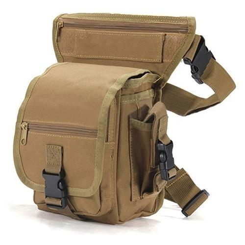 Men's durable tactical drop leg bag, water-resistant, featuring MOLLE system for adaptable outdoor use.