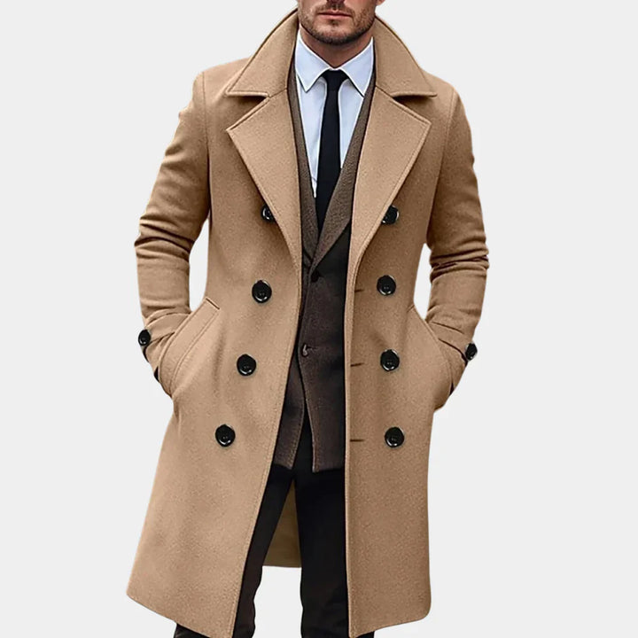 Refined men's tailored coat for winter & fall. Elegant formal outerwear in black, khaki, dark gray for professional style.