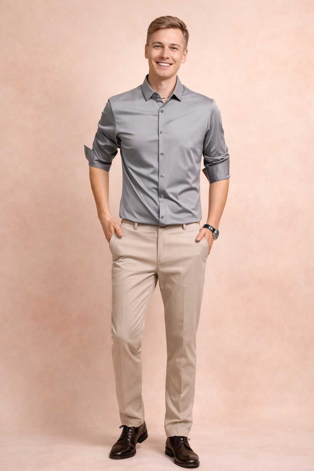 Close-up of a men's elegant button-down shirt, showcasing the fabric texture and classic style for fashion.