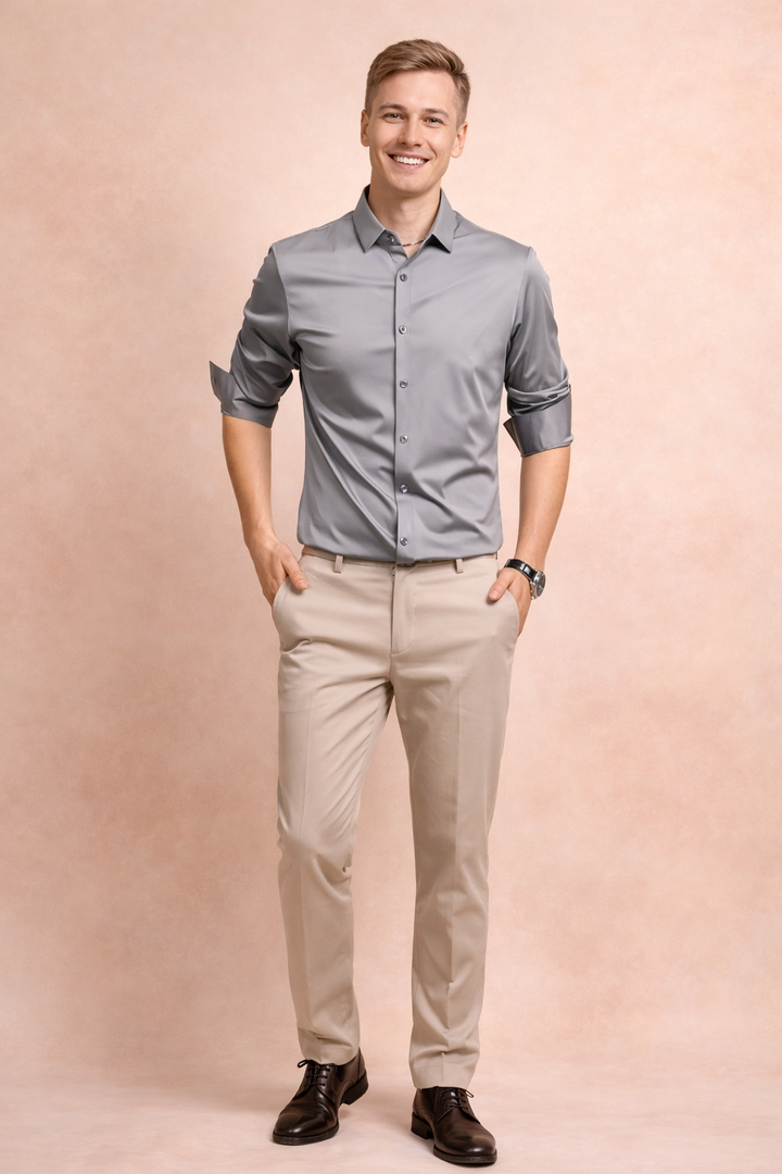 Close-up of a men's elegant button-down shirt, showcasing the fabric texture and classic style for fashion.