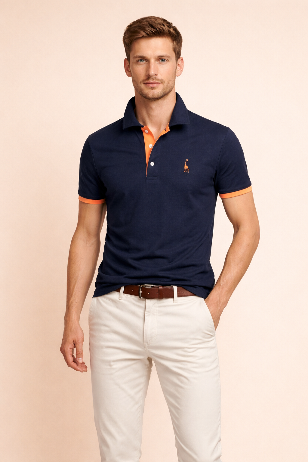 Men's elegant dark blue short-sleeve polo shirt for smart casual urban wear. Classic fit & comfortable style.