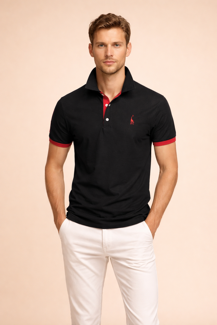 Versatile men's black short-sleeve polo shirt. Elegant & comfortable for daily wear or urban style.