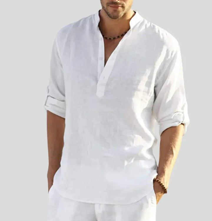Men's elegant Hugo Luxe linen button-down shirt. Stylish, comfortable long-sleeve for versatile wear.