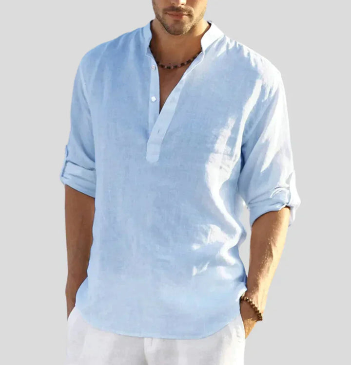 Sophisticated men's long-sleeve button-down shirt. Hugo Luxe linen for versatile elegant & casual comfort.