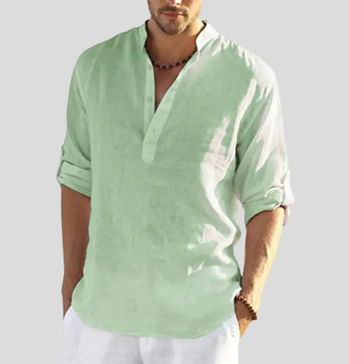 Hugo Luxe men's elegant linen long-sleeve button-down shirt. Premium comfort for sophisticated spring style.