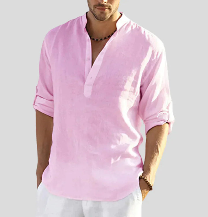 Men's Hugo Luxe linen button-down shirt. Elegant, comfortable long-sleeve for sophisticated casual summer style.