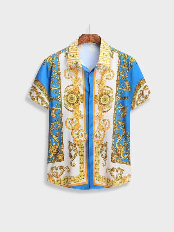 Premium men's summer apparel: a stylish Italian Baroque print shirt & shorts for trendy looks.