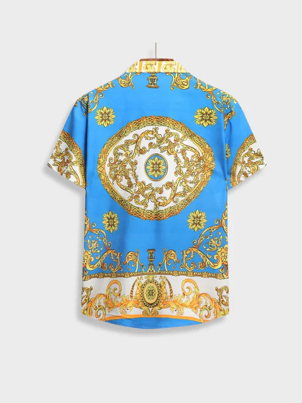 Men's luxury summer vacation set, with a vibrant Italian Baroque patterned shirt and shorts.
