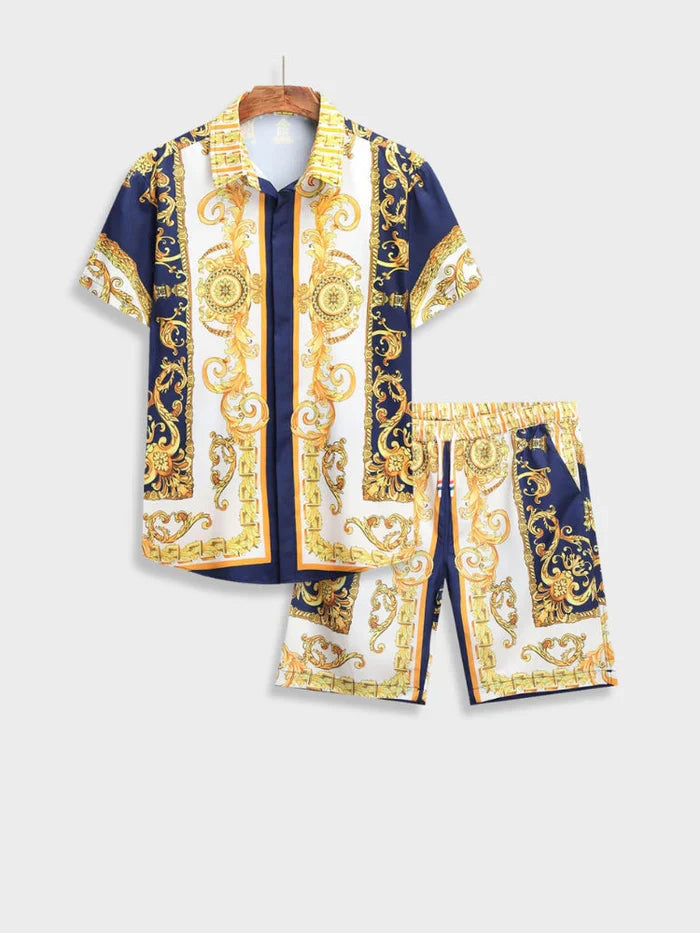 Luxury men's two-piece summer outfit featuring a vibrant Italian Baroque print shirt and matching shorts.