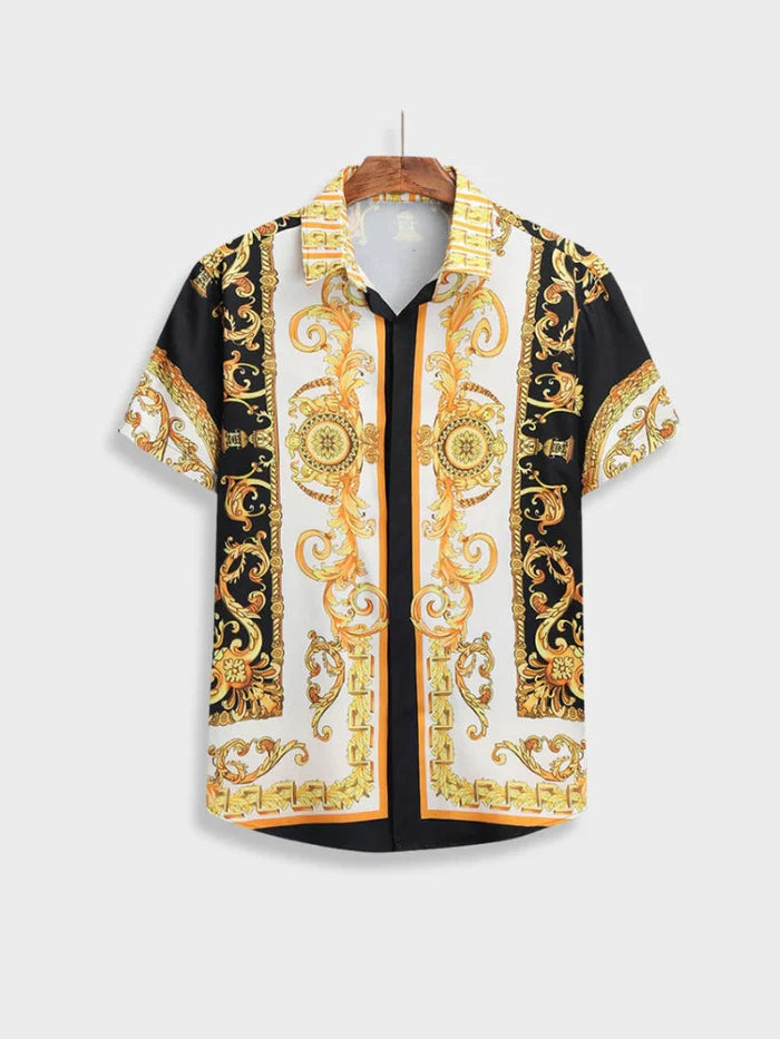 Vacation-ready men's apparel: an elegant Italian Baroque print summer shirt and short set.