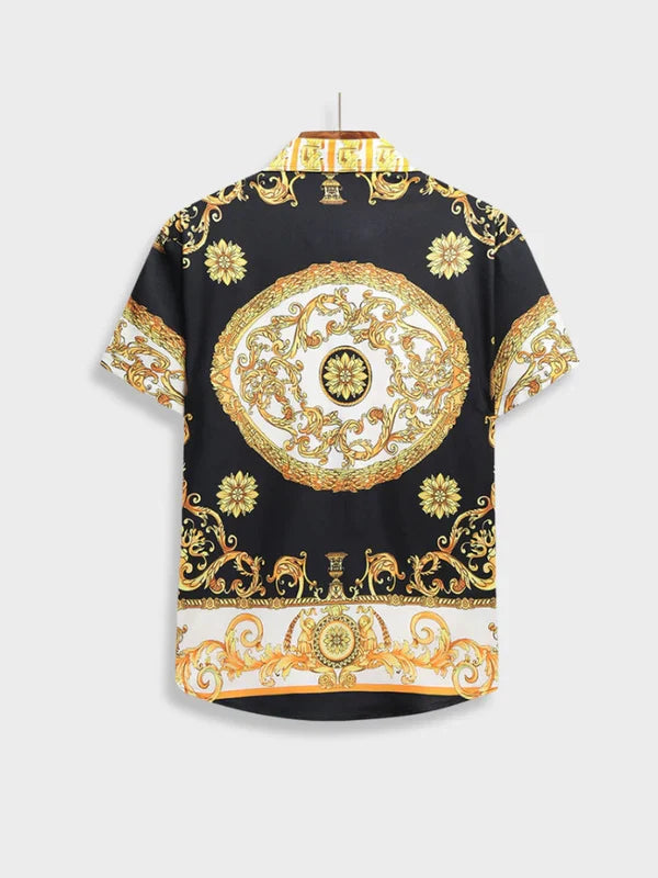 Close-up of the rich gold and black Italian Baroque pattern on a men's stylish summer set.