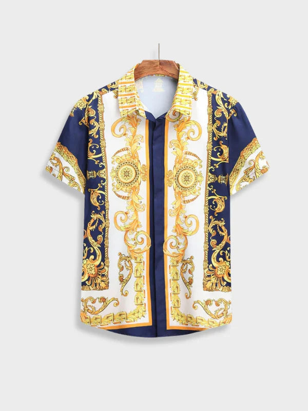 Sophisticated men's summer shorts and shirt set, showcasing a unique Italian Baroque artwork.