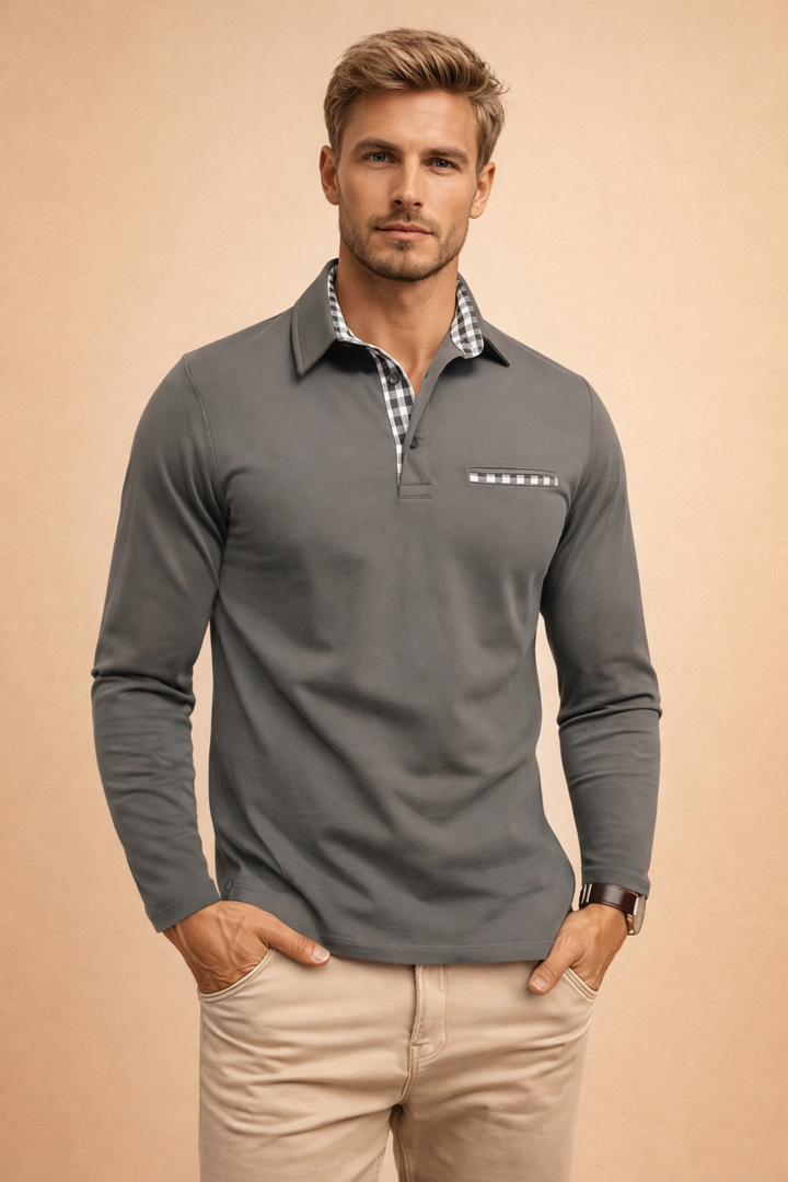 Men's elegant long sleeve polo shirt with a structured collar, perfect for smart casual or everyday wear. Fitted design.