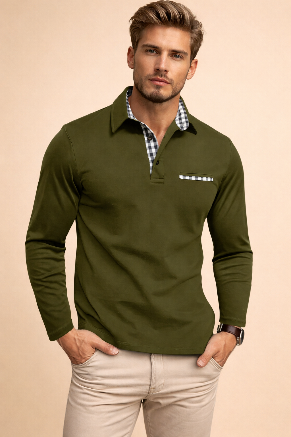 Versatile men's long sleeve polo shirt, ideal for casual or smart casual outfits. Features an elegant structured collar.