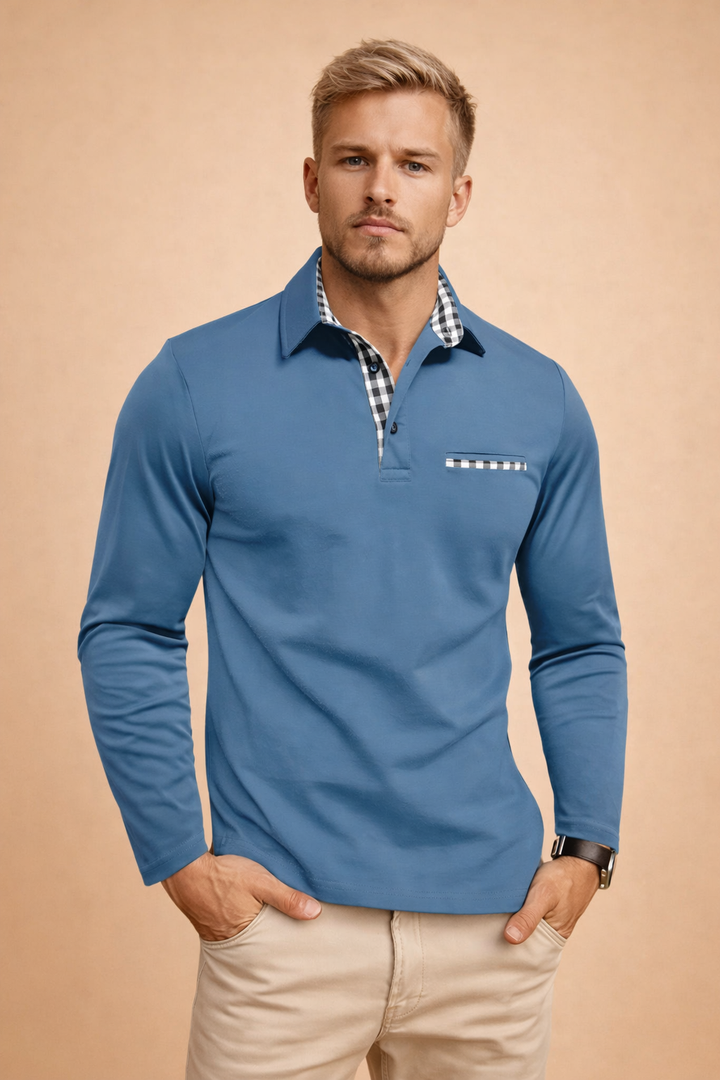 Fitted men's long sleeve polo shirt for a sleek, elegant look. Features a structured collar, suitable for daily fashion.