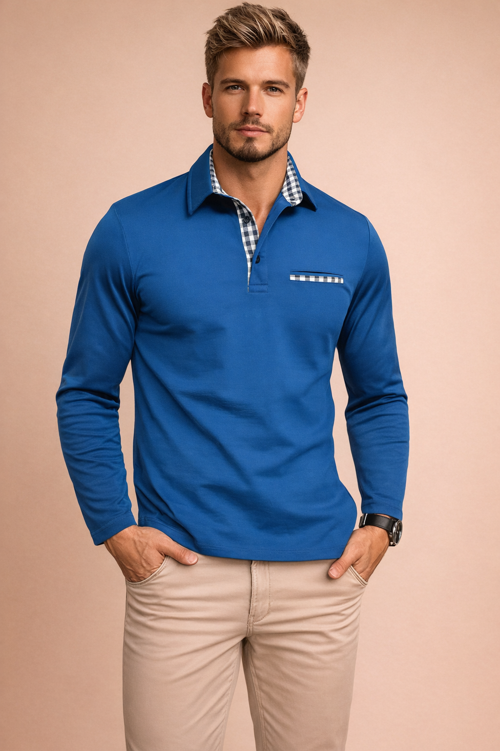 Timeless men's elegant long sleeve polo shirt, offering a sophisticated look with its structured collar. Everyday wear.