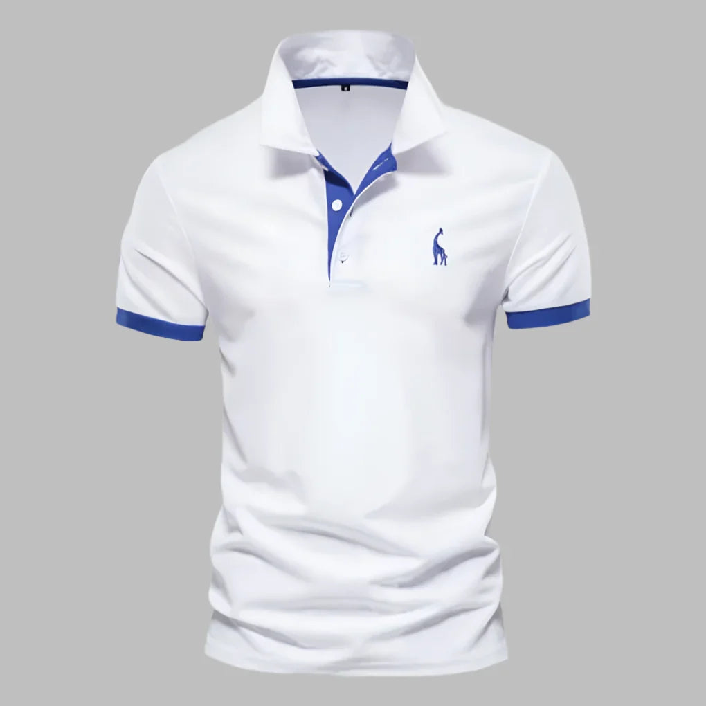 Men's elegant navy polo shirt for smart casual wear. Classic short sleeve design with button placket.
