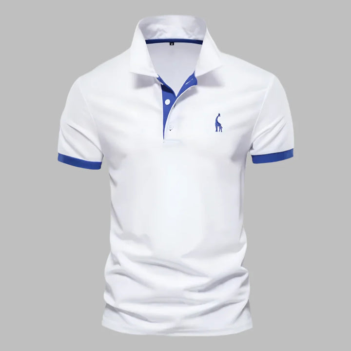 Men's elegant navy polo shirt for smart casual wear. Classic short sleeve design with button placket.