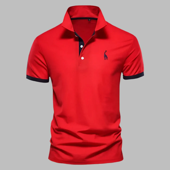 Business casual men's polo shirt, sophisticated design with button placket. Elegant men's apparel.