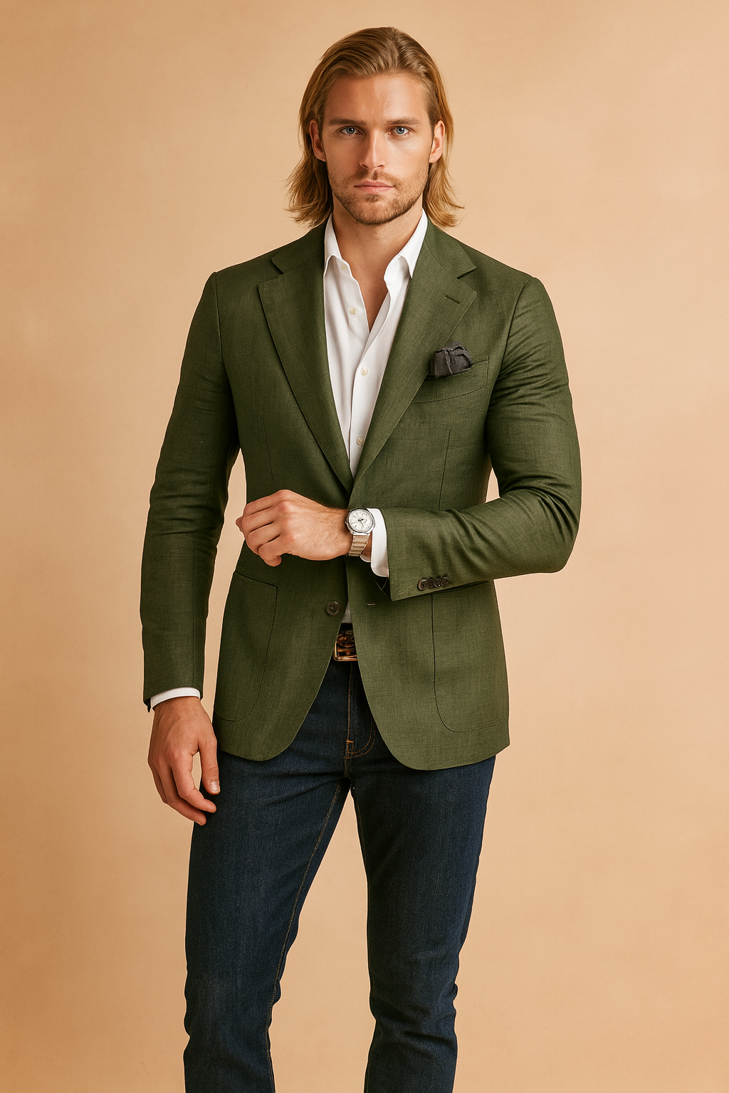 Modern men's tailored slim fit jacket with button-up front. Elegant style for office, formal or casual events.