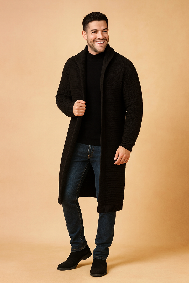Men's elegant stand-up collar knit cardigan, a sophisticated layering piece for comfortable winter fashion.