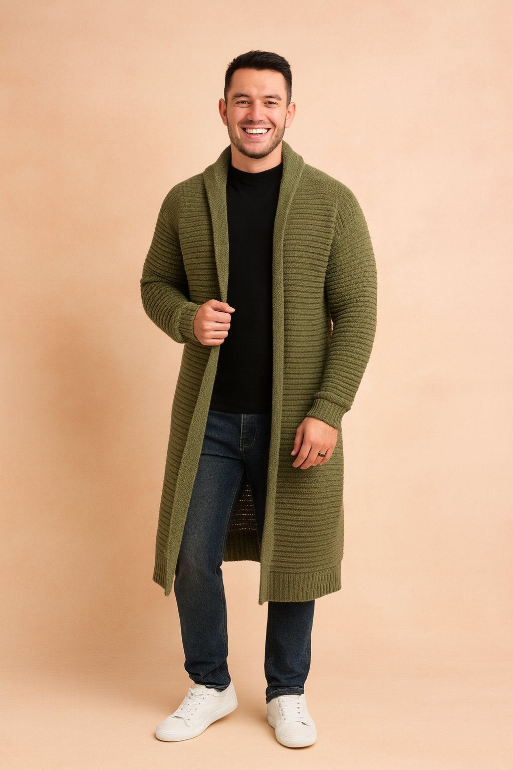 Comfortable men's knitwear cardigan with a stand-up collar, perfect for casual or elegant layering.